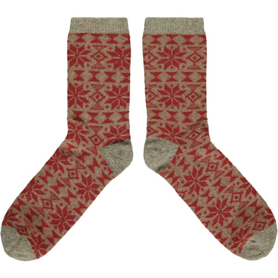 Catherine Tough Mens Lambswool Ankle Socks - Fairisle Terracotta