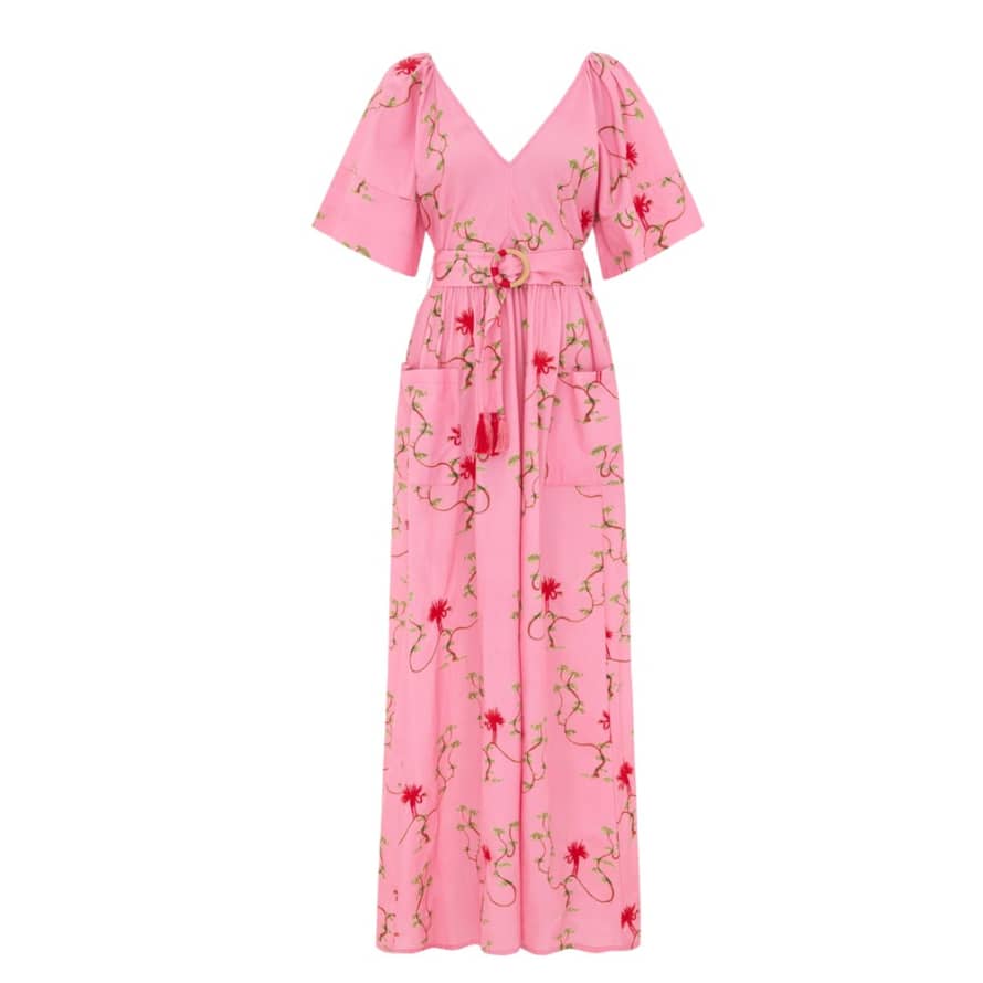 Hayley Menzies Pink Birds of Utopia Embroidered Kimono Sleeve Cotton V Neck Maxi Dress