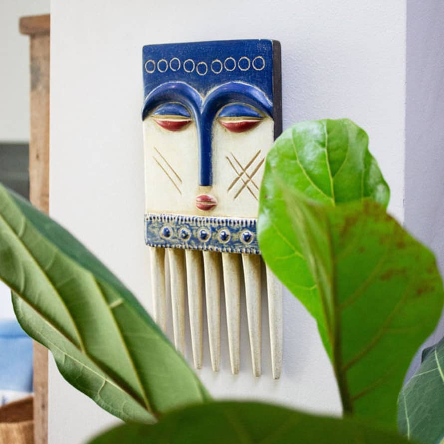 Ghana Ghanaian Hand Carved Wooden Comb Mask 'blue, White & Red'