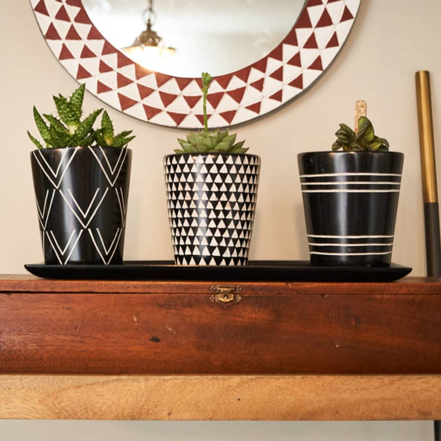 Kenya Kenyan Soapstone Hand Carved Plant Pot 'circular Stripes'