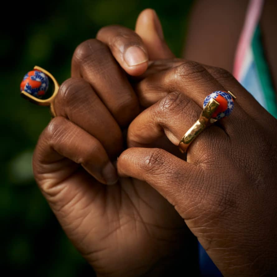 Ghana Ghanaian Pendulum Ring 'orange And Blue Floral'