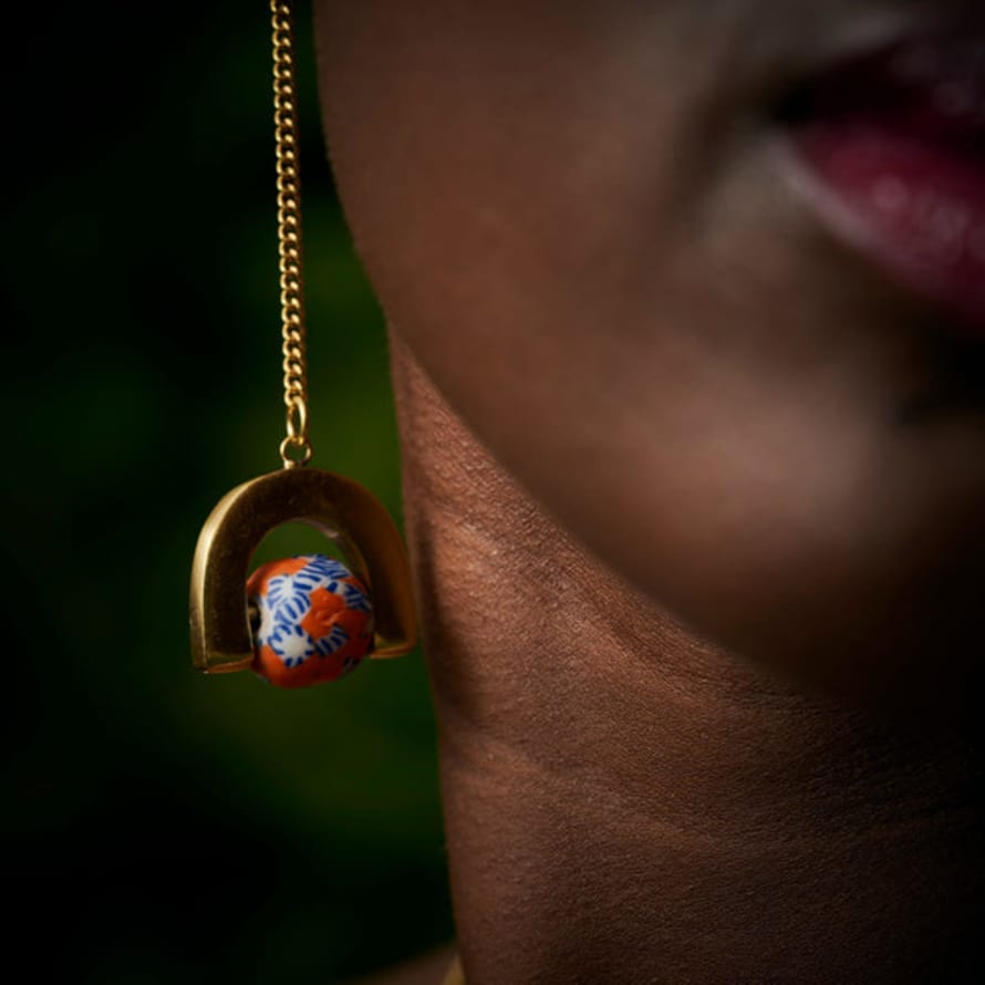 Ghana Ghanaian Pendulum Drop Earrings 'orange And Blue Floral'