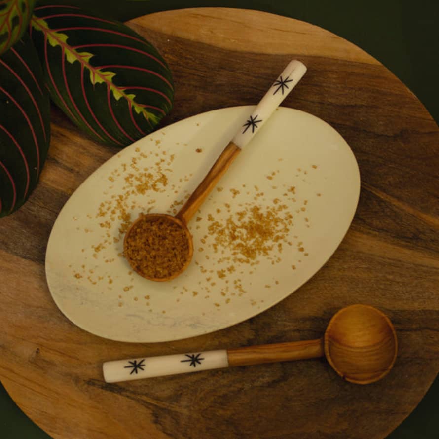 Kenya Olive Wood Sugar Spoon With White Batik Handle Stars / Wood