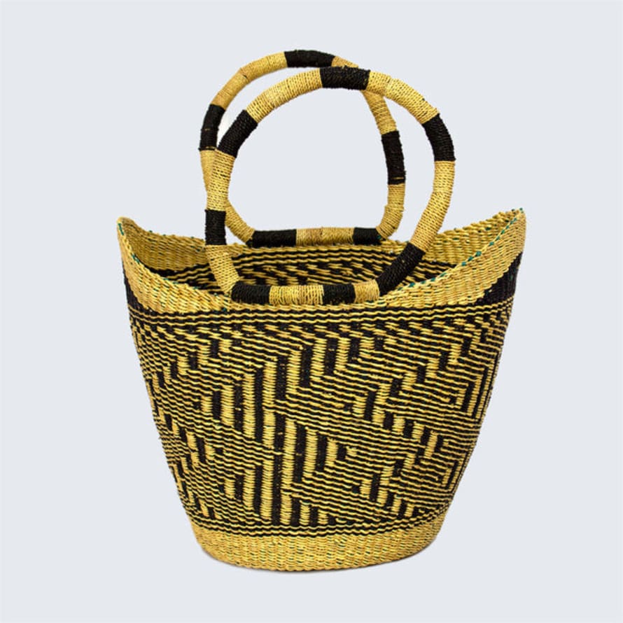 Ghana Ghanaian Medium Bolga Shopping Basket With Handles 'black & Natural Zig Zag'