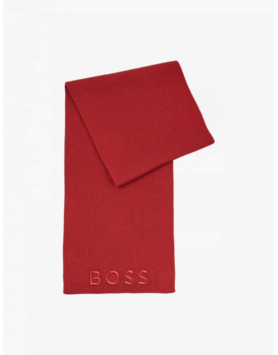 Boss Medium Red Lyaran Ribbed Knitted Logo Scarf