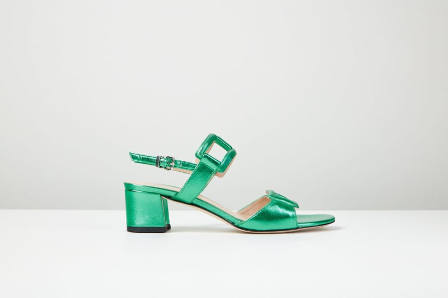 MADE THE EDIT Grecia Metallic Green Block Heel Sandal