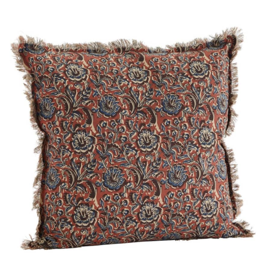 Madam Stoltz Chocolate and Blue Patterned Cotton Cushion Cover
