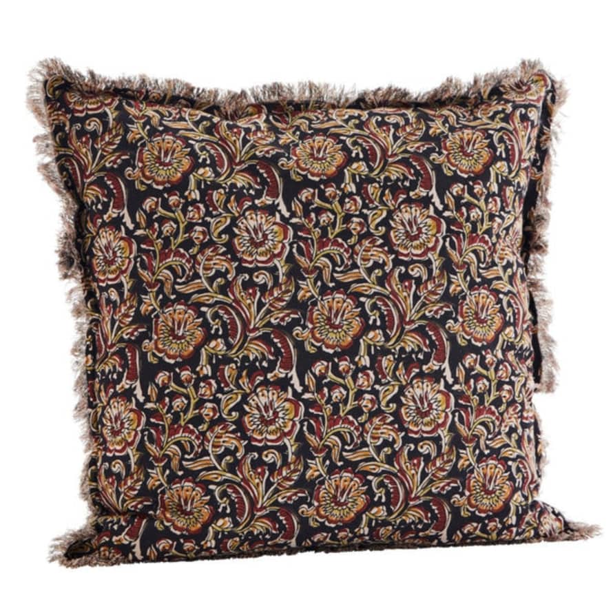 Madam Stoltz Black Burnt Red Mustard and Pine Bark Patterned Cotton Cushion Cover