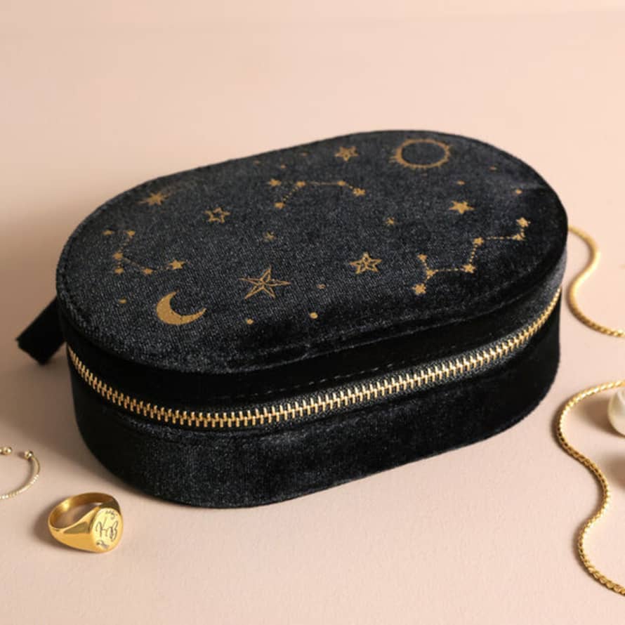 Lisa Angel | Starry Night Printed Oval Jewellery Case | Velvet Black