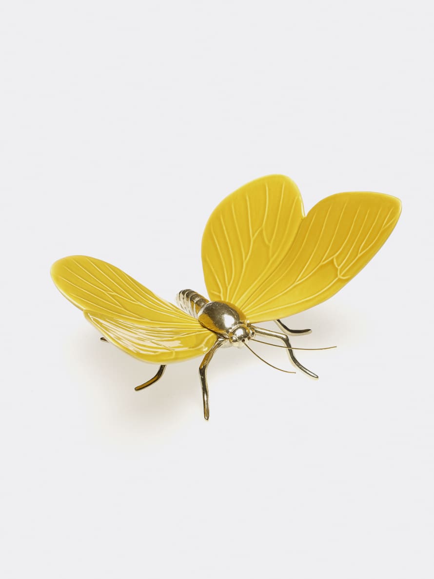 Laboratorio D’Estorias Yellow Ceramic Butterfly with Natural Oxidized Brass Legs Glazed and Hand Painted