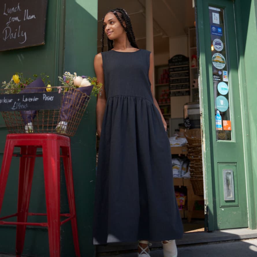 Kate Sheridan Black Linen Maxi Tuck Tie Dress