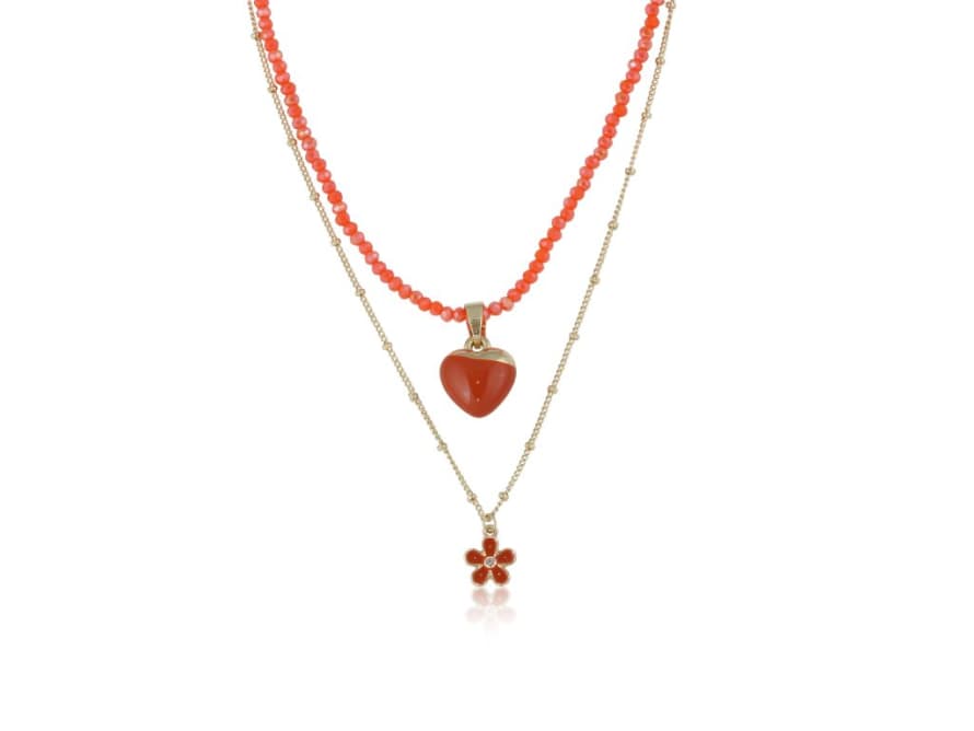Big Metal Orange Elsa Heart & Flower Charms Layer Beaded Necklace