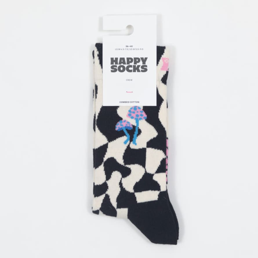 Happy Socks  Distorted Check Mushroom Socks in Cream, Black & Pink