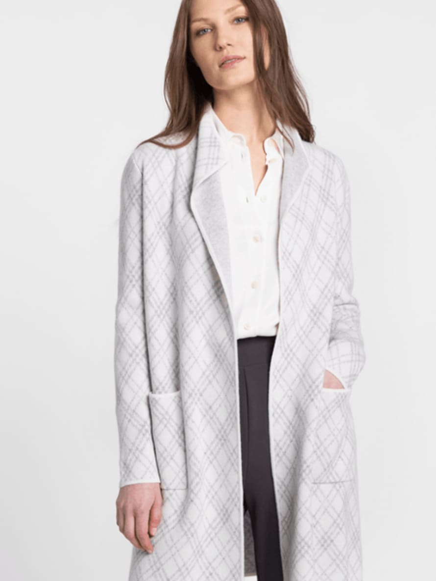 Kinross Cashmere Bias Plaid Long Cardigan In Pearl/Silver