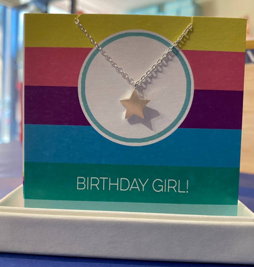 Coral & Mint Birthday Girl Silver Star Necklace Card