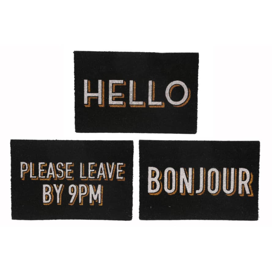 Temerity Jones Typography Black & Gold Door Mat : Hello, Leave by 9pm or Bonjour