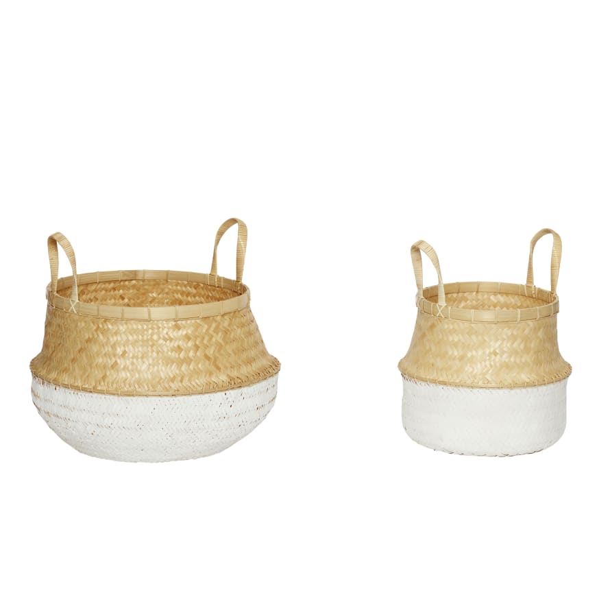 Hubsch Set of 2 White Natural Rattan Belly Baskets