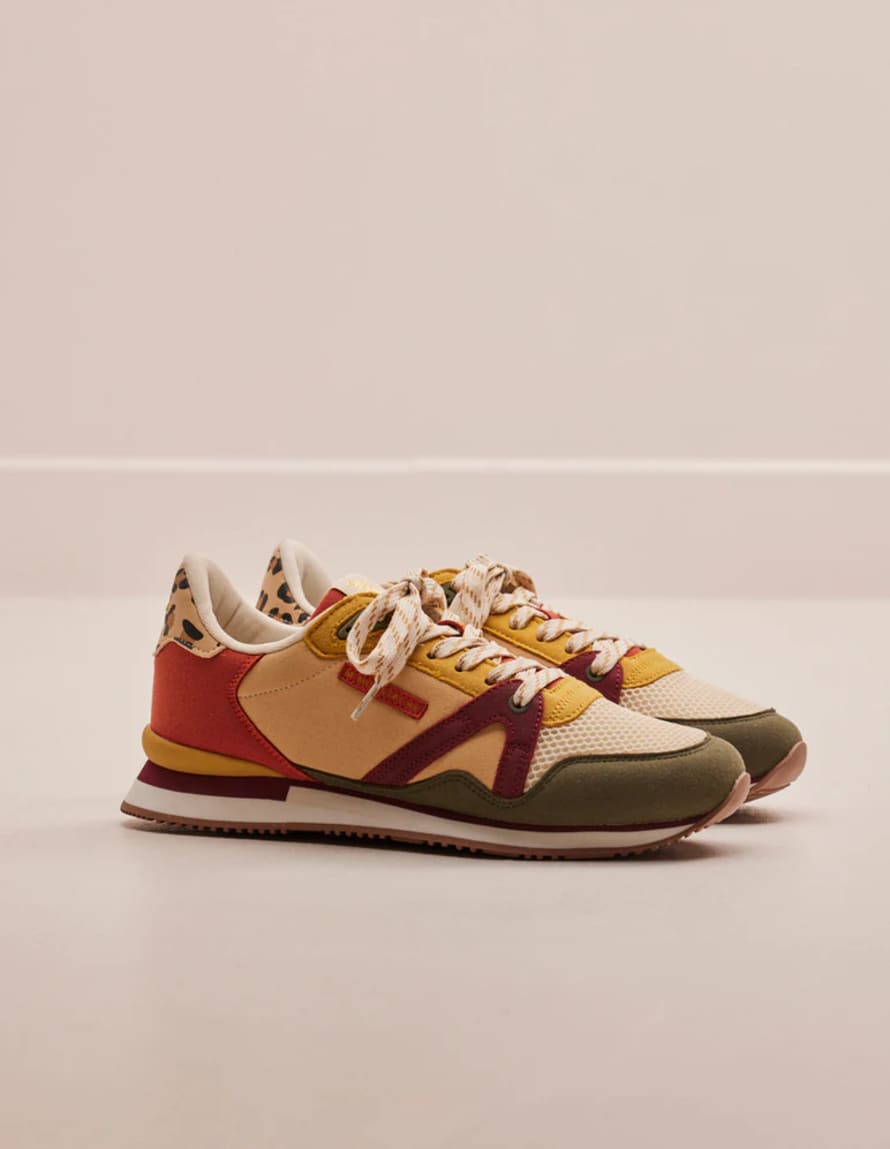 M.Moustache Khaki Ecru and Burgundy Vegan Suede Andree Running Shoes 