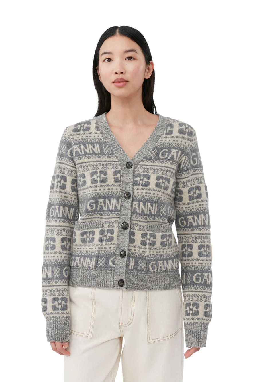 Ganni - Logo Wool Mix Cardigan Frost