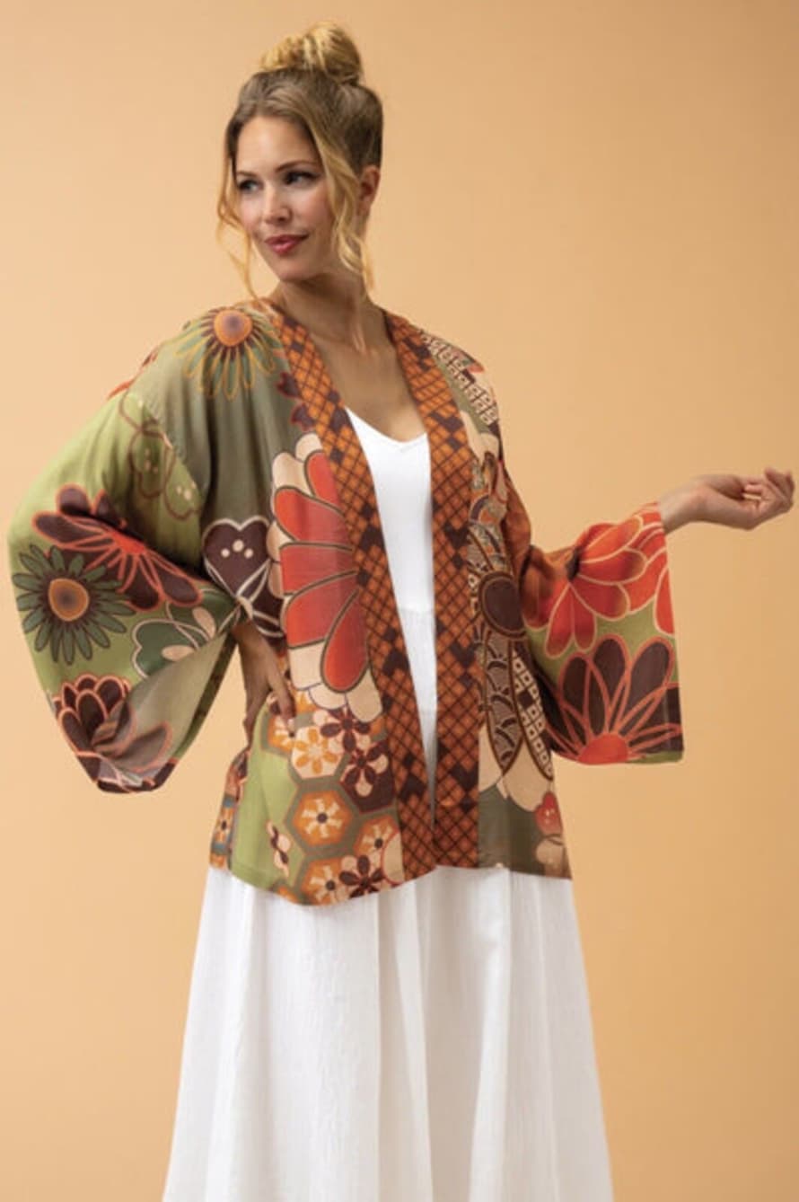 Powder 70s Kaleidoscope Floral Kimono Jacket In Sage