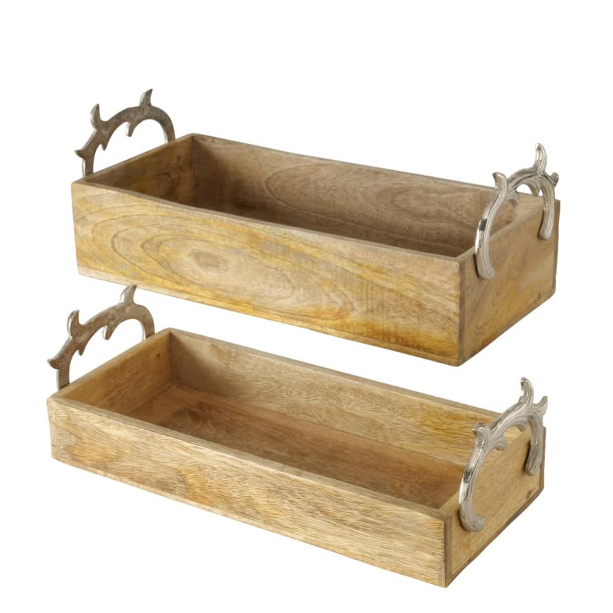 &Quirky Silver Antler Handled Wooden Serving Tray : Set of 2