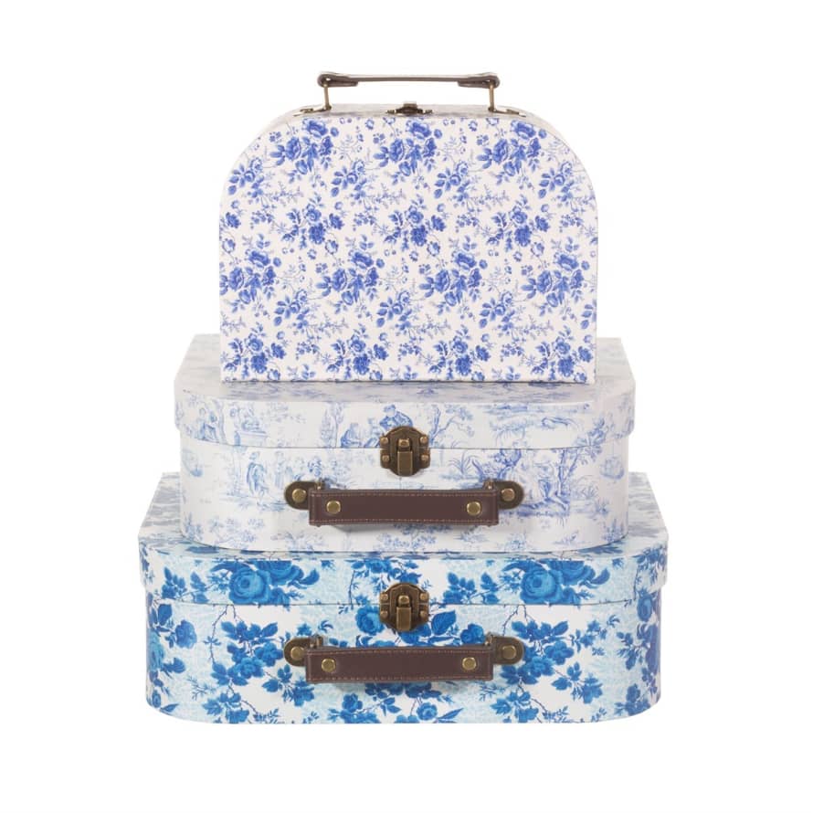 RJB Stone Set of 3 Celeste Blue and White Floral Suitcases
