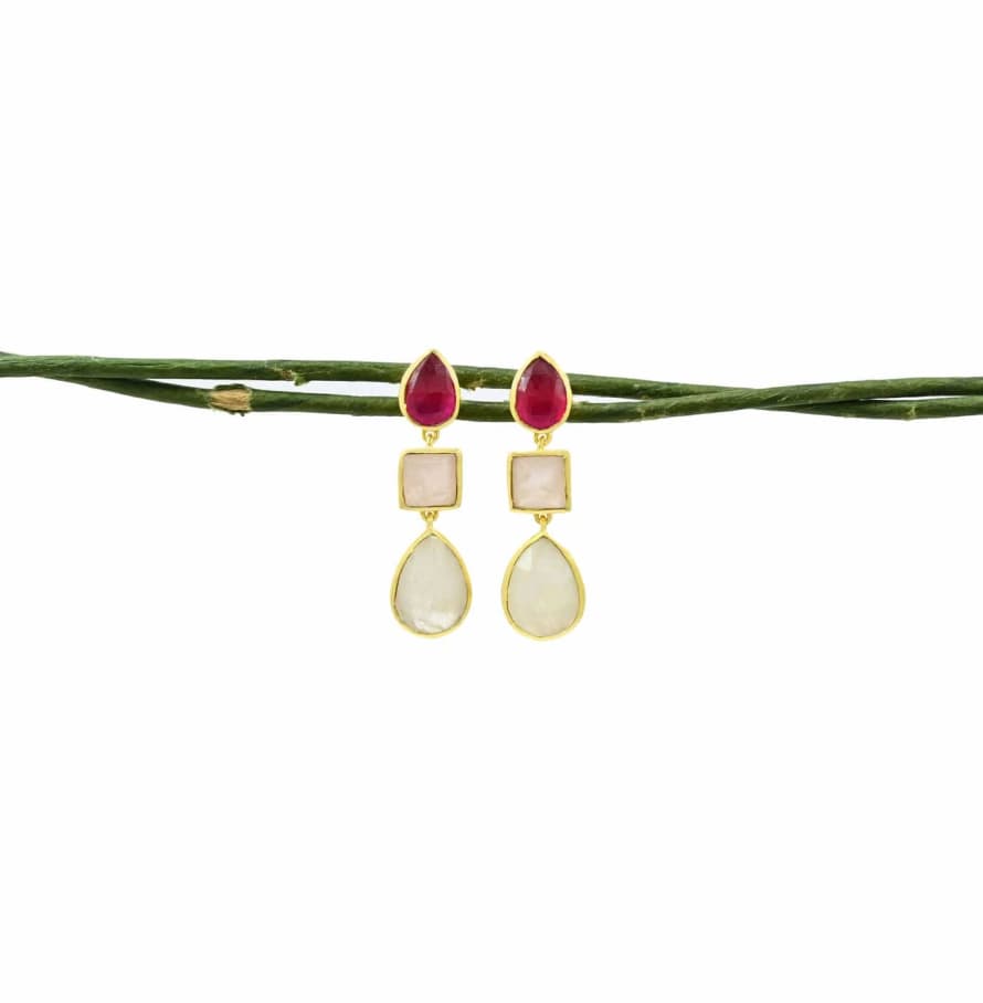 Schmuckoo Berlin Ophelia Earrings Gold In Rose Quartz, Pink Jade & Moonstone