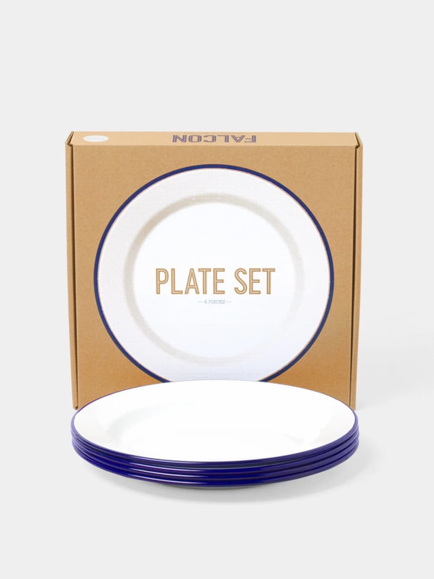 Falcon Enamelware Set Of 4 Plates in White Blue