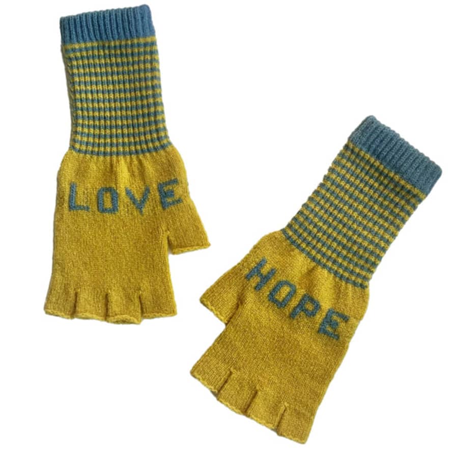 Quinton & Chadwick Love Hope Fingerless Gloves- Yellow & Petrel