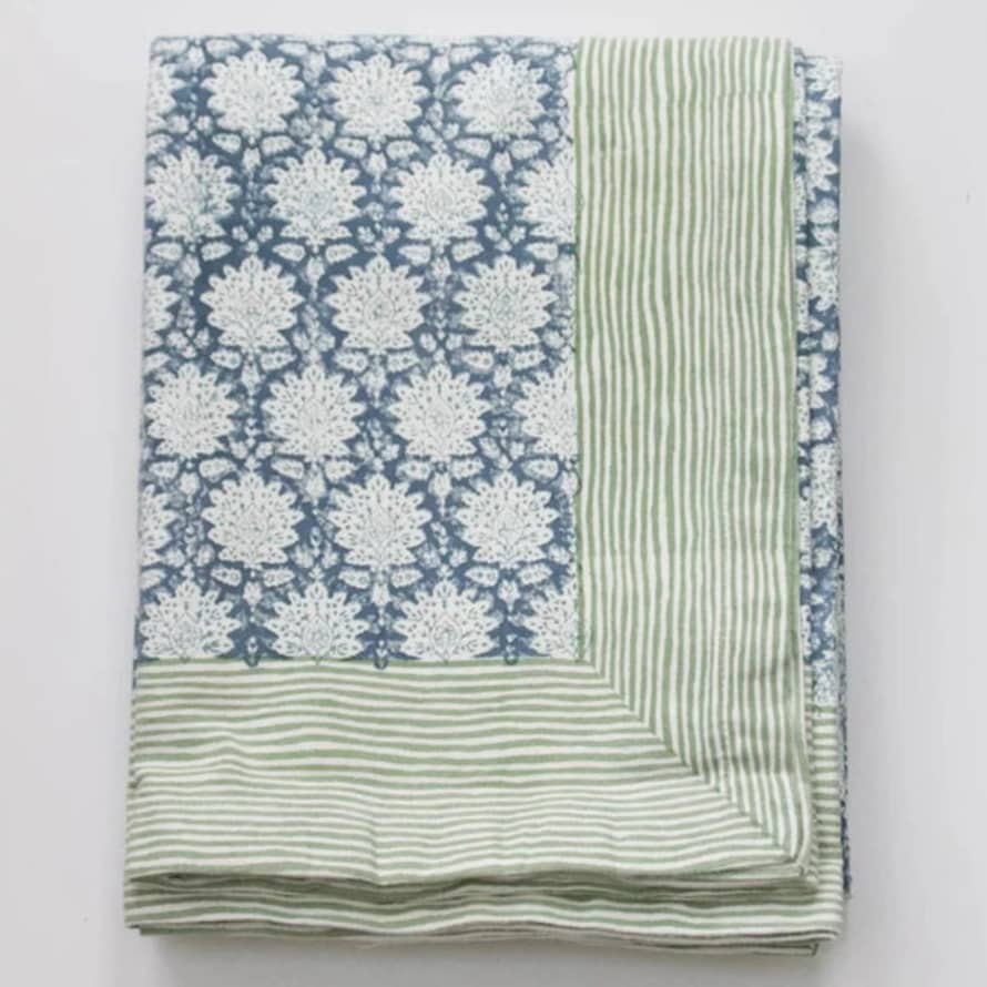 Rozablue Blue and Green Block Printed Tablecloth 