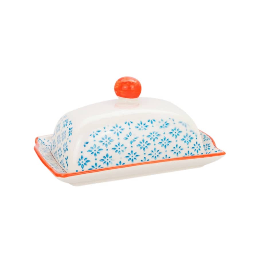 Nicola Spring Blue and Orange Patterned Butter Dish with Lid