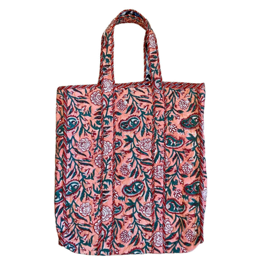 Behotribe  &  Nekewlam Tote Bag Cotton Kantha Quilted Reversable Block Print Coral Blue