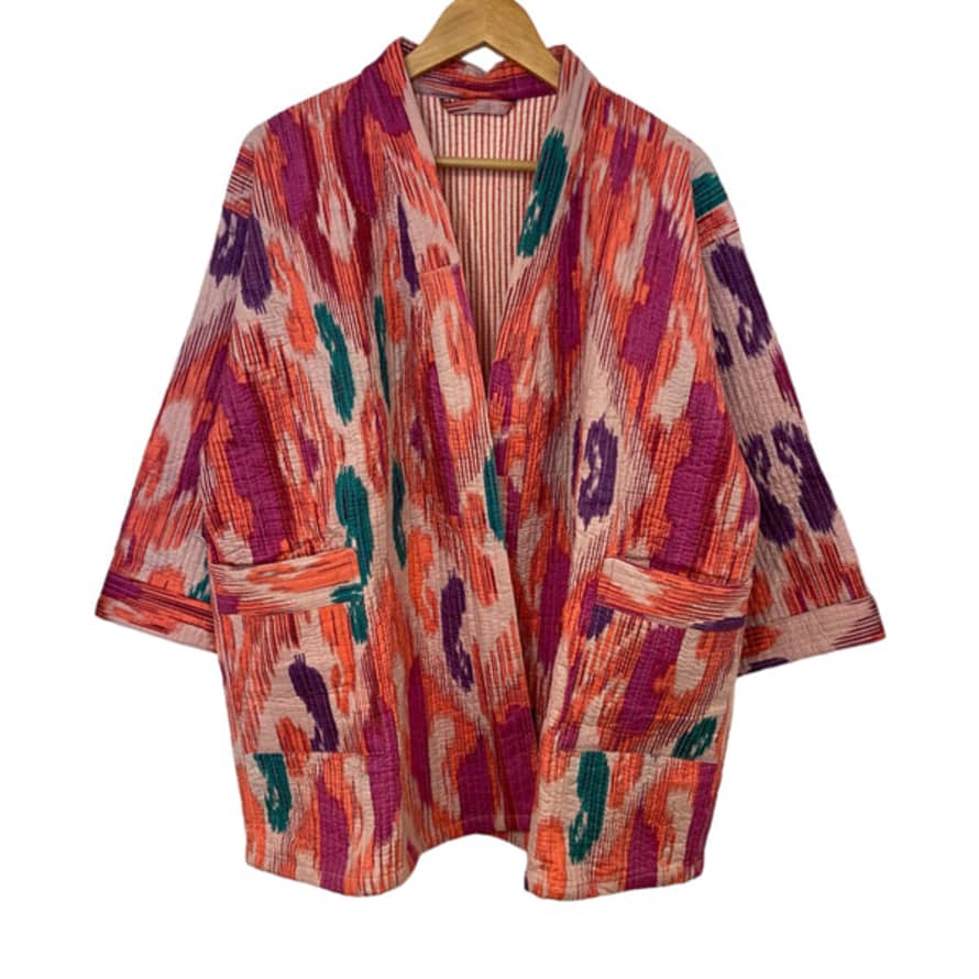 Behotribe  &  Nekewlam Jacket Pure Cotton Quilted Reversable Ikat Pink Jade