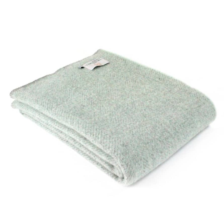 Tweedmill Laurel Green/Silver Pure New Wool Beehive Throw with Silver Grey Blanket Stitch Edge