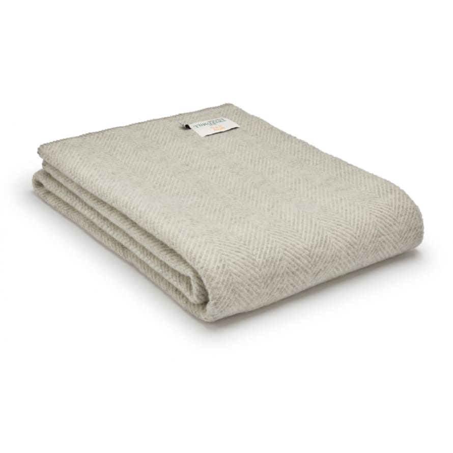 Tweedmill Silver Grey Fishbone Pure New Wool Throw with Silver Grey Blanket Stitch Edge