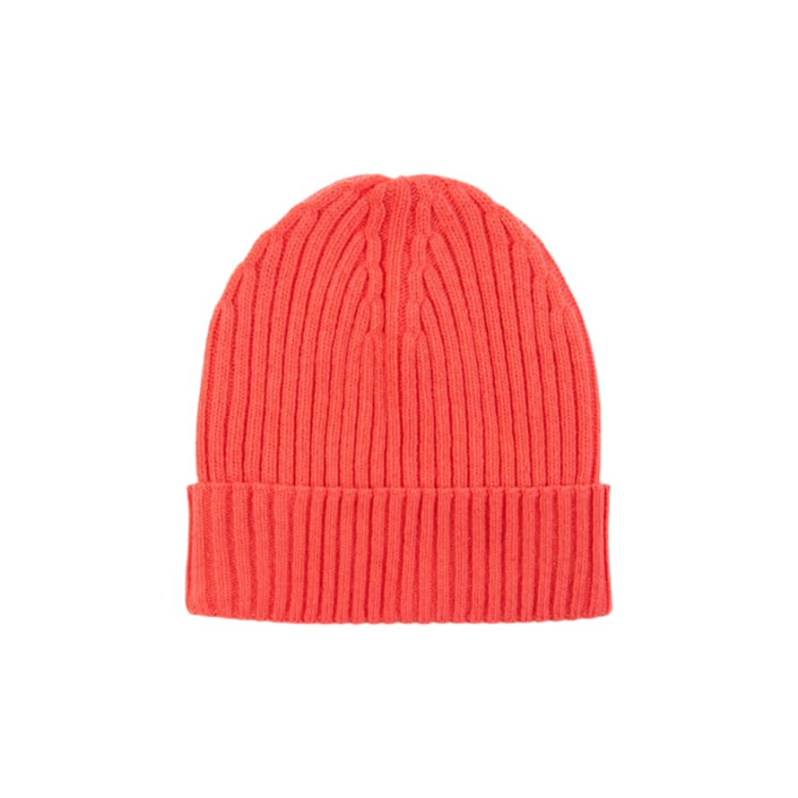 Miss Pompom Coral Wool Ribbed Beanie Hat