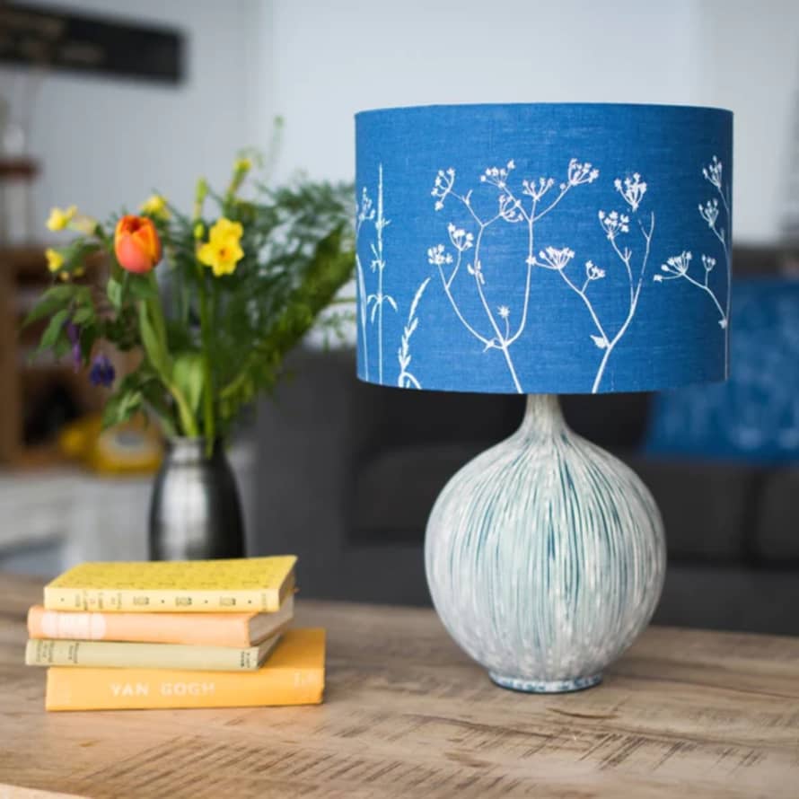 Helen Round Floral Linen Lampshade - Indigo 30cm (lampbase fitting)