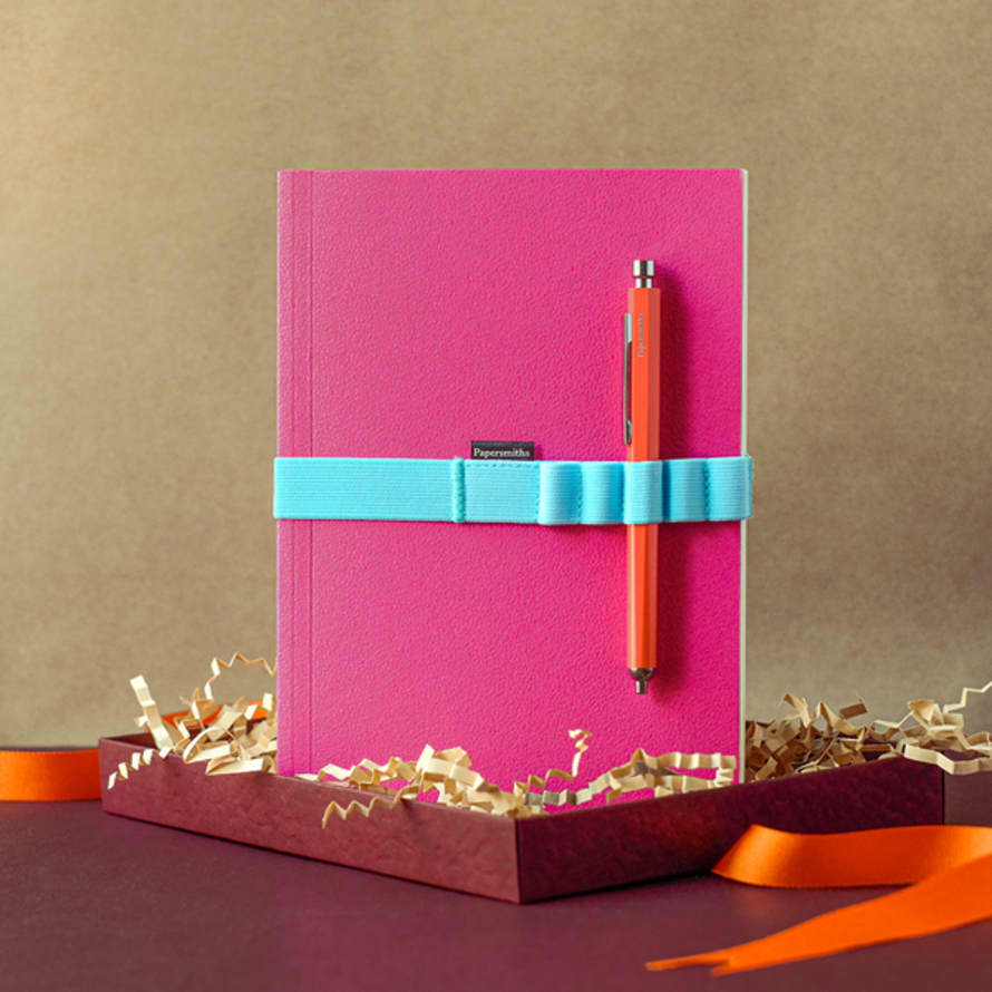 Papersmiths Fuchsia Notebook, Pen And Band Trio - Primo Gel Pen / Ruled Paper