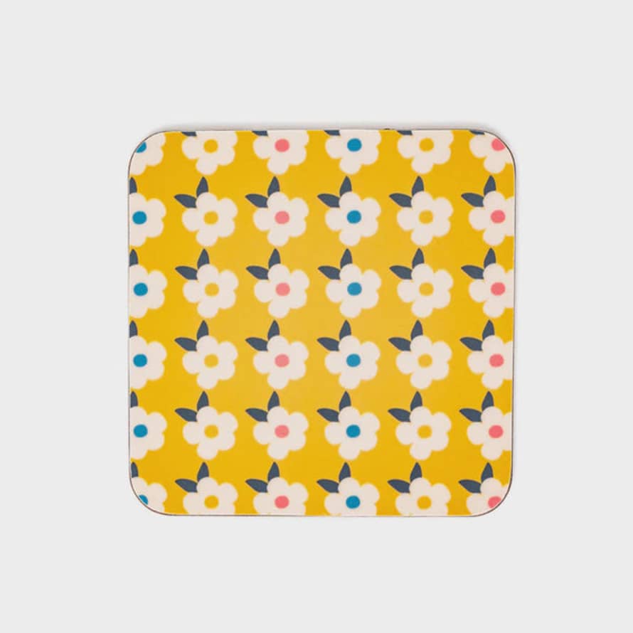 Enamel Happy Retro Print Coaster - Honey Yellow
