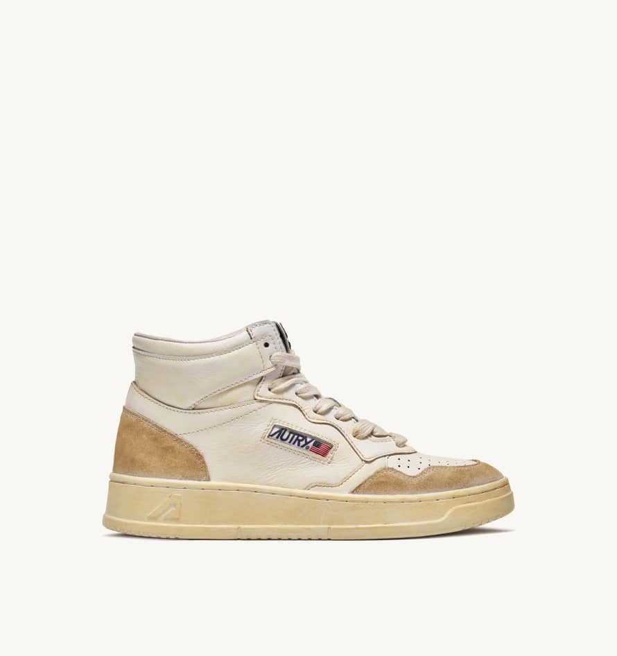 Autry Super Vintage Mid Sneakers in Yellowing Effect Leather Color White