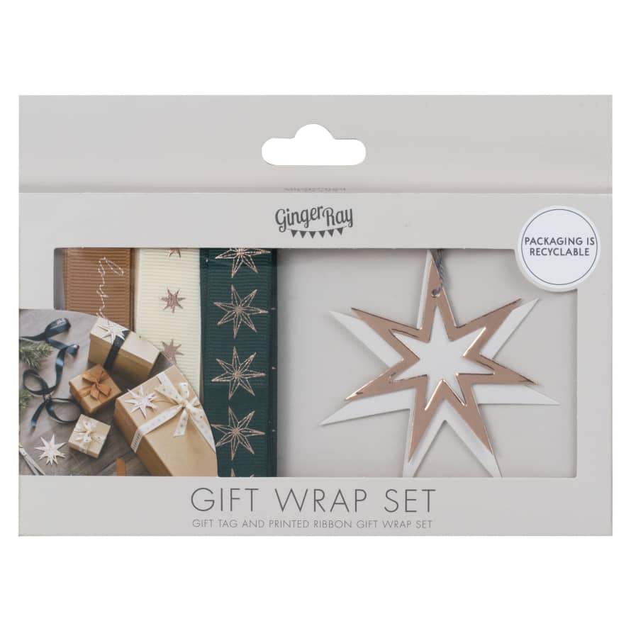 Ginger Ray Ribbon and Gift Tags Gold Star Christmas Gift Wrap Set