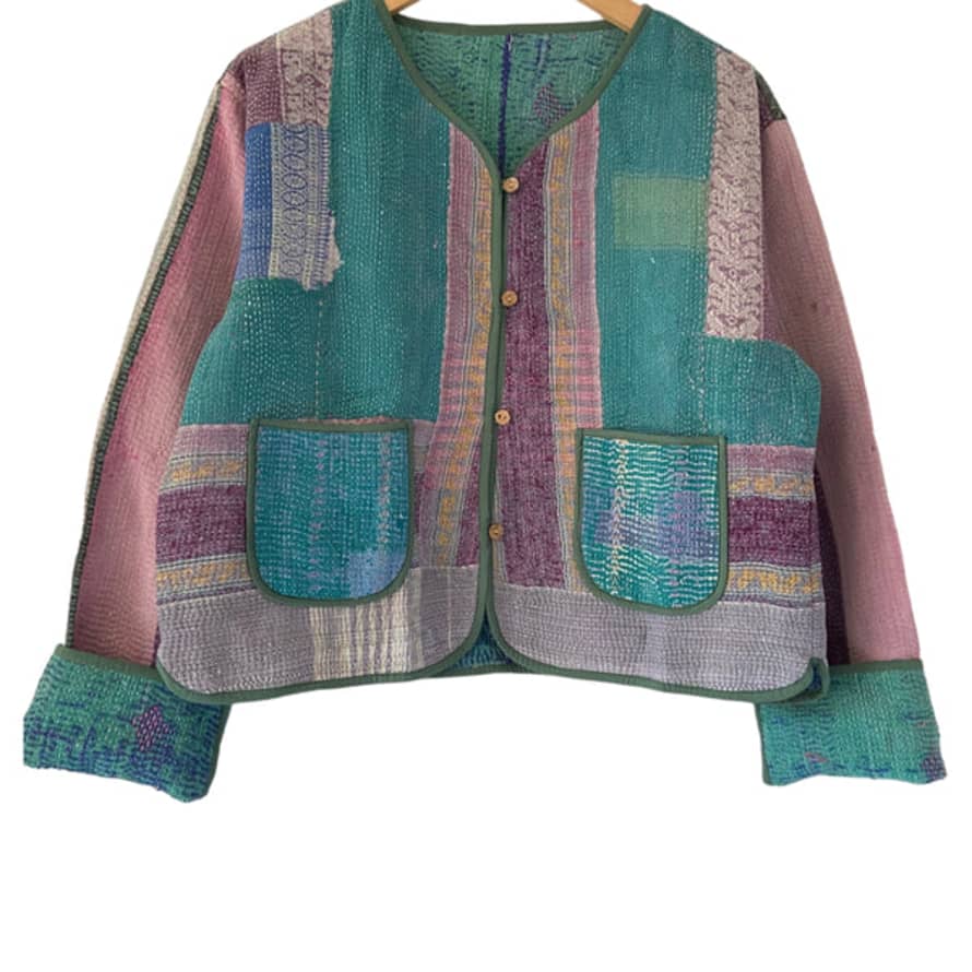 Behotribe  &  Nekewlam Jacket Reversable Vintage Kantha Cotton Pastel Patchwork
