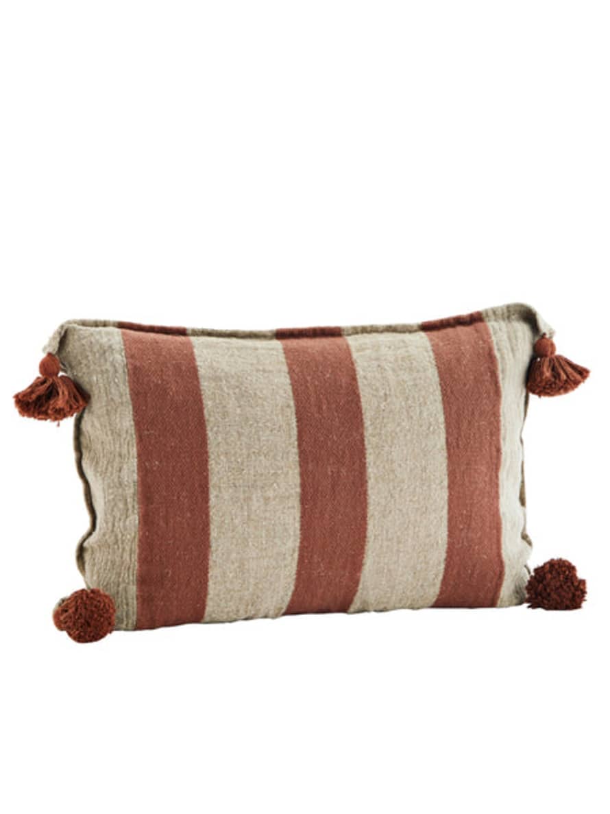 Madam Stoltz Rust & Natural Linen Striped Cushion With Tassels