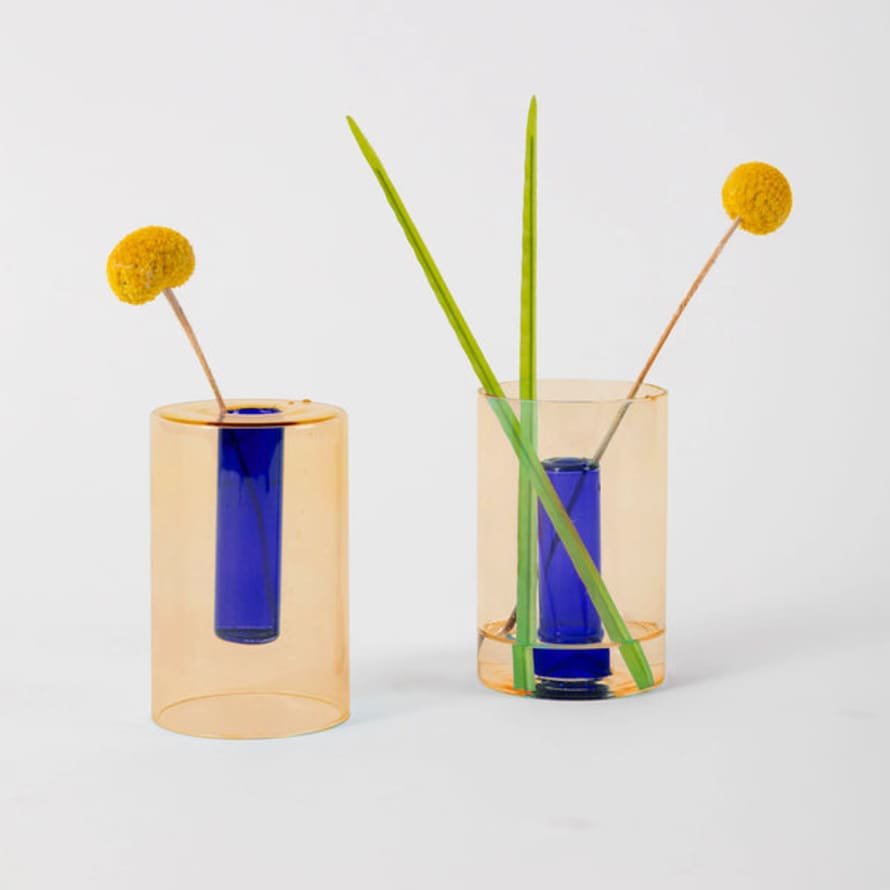 Block Design Reversible Glass Vase Small -peach & Cobalt