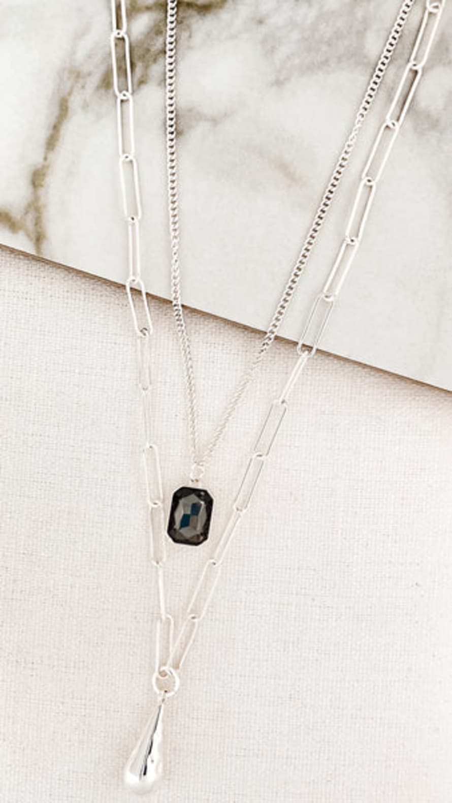 Envy Long Silver Double Layer Necklace With Grey Crystal Pendant