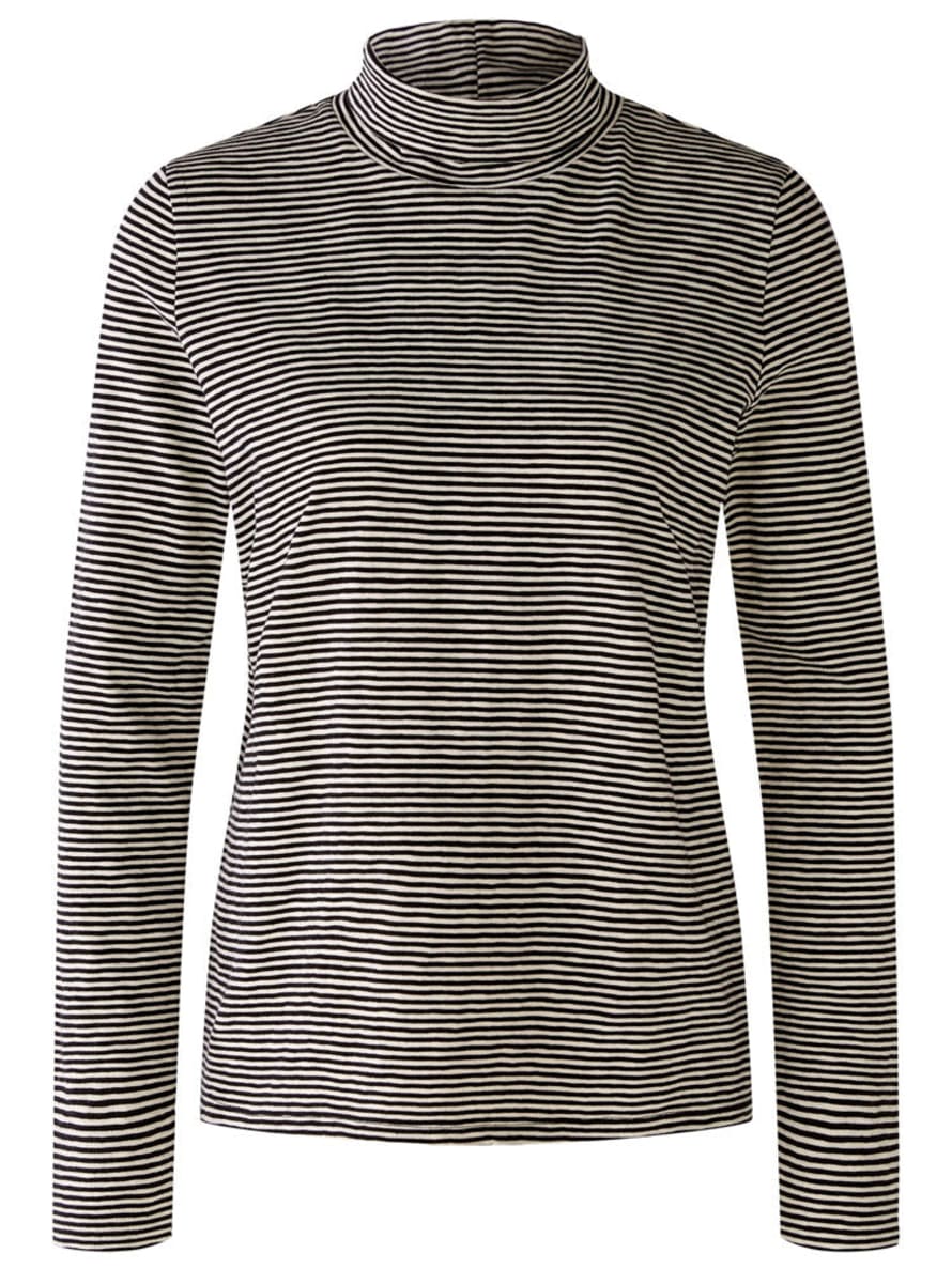 Oui Funnel Neck Striped Top Black and Off White