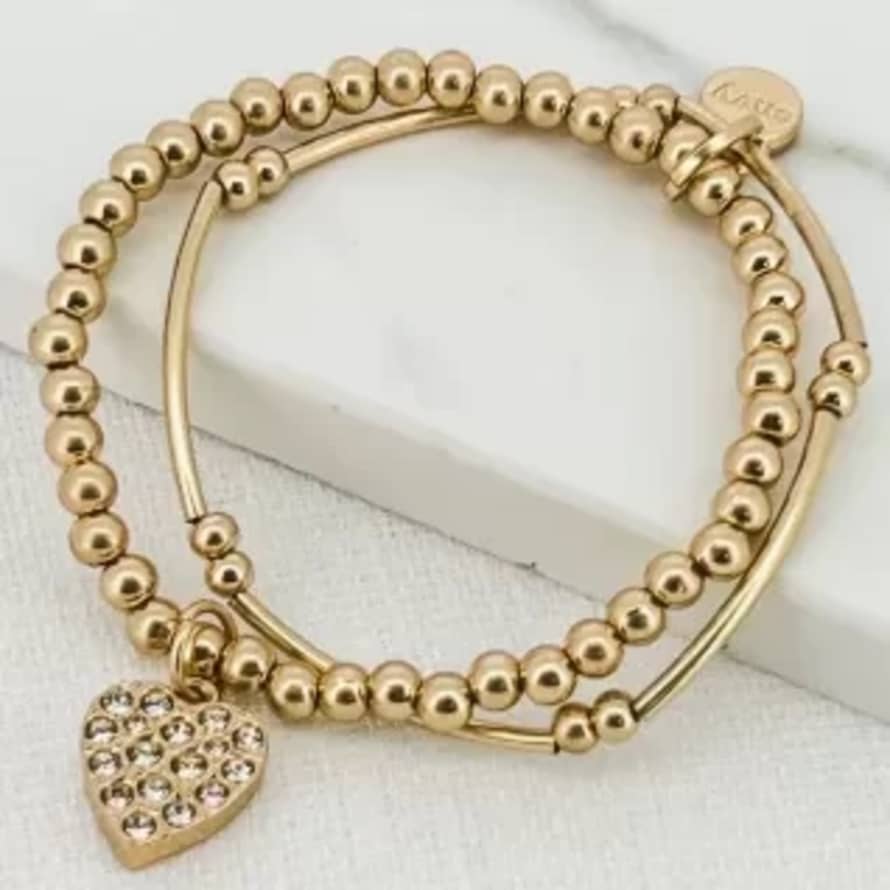 Envy Gold 2 Layer Beaded Bracelet with Diamante Heart