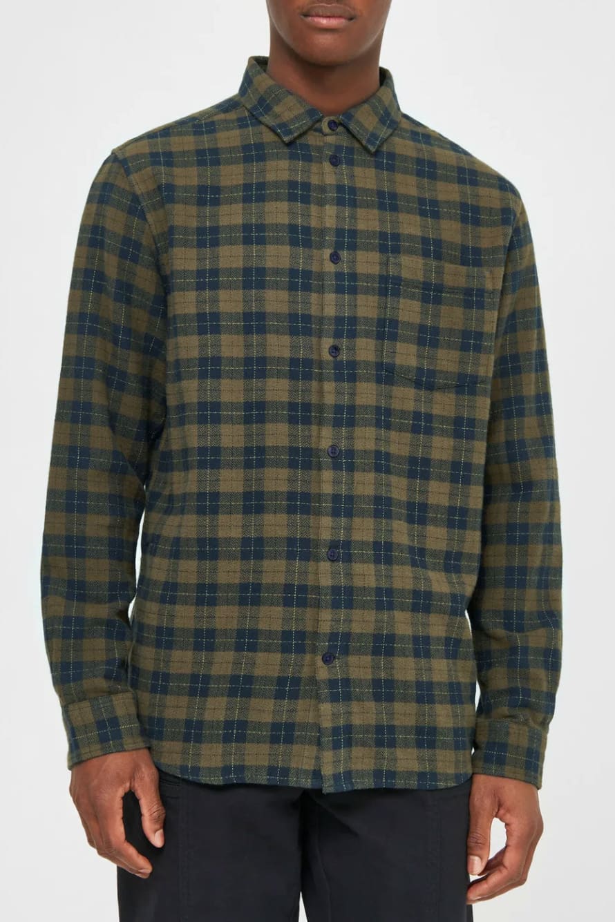 Knowledge Cotton Apparel  Green Checkered Loose Fit Shirt