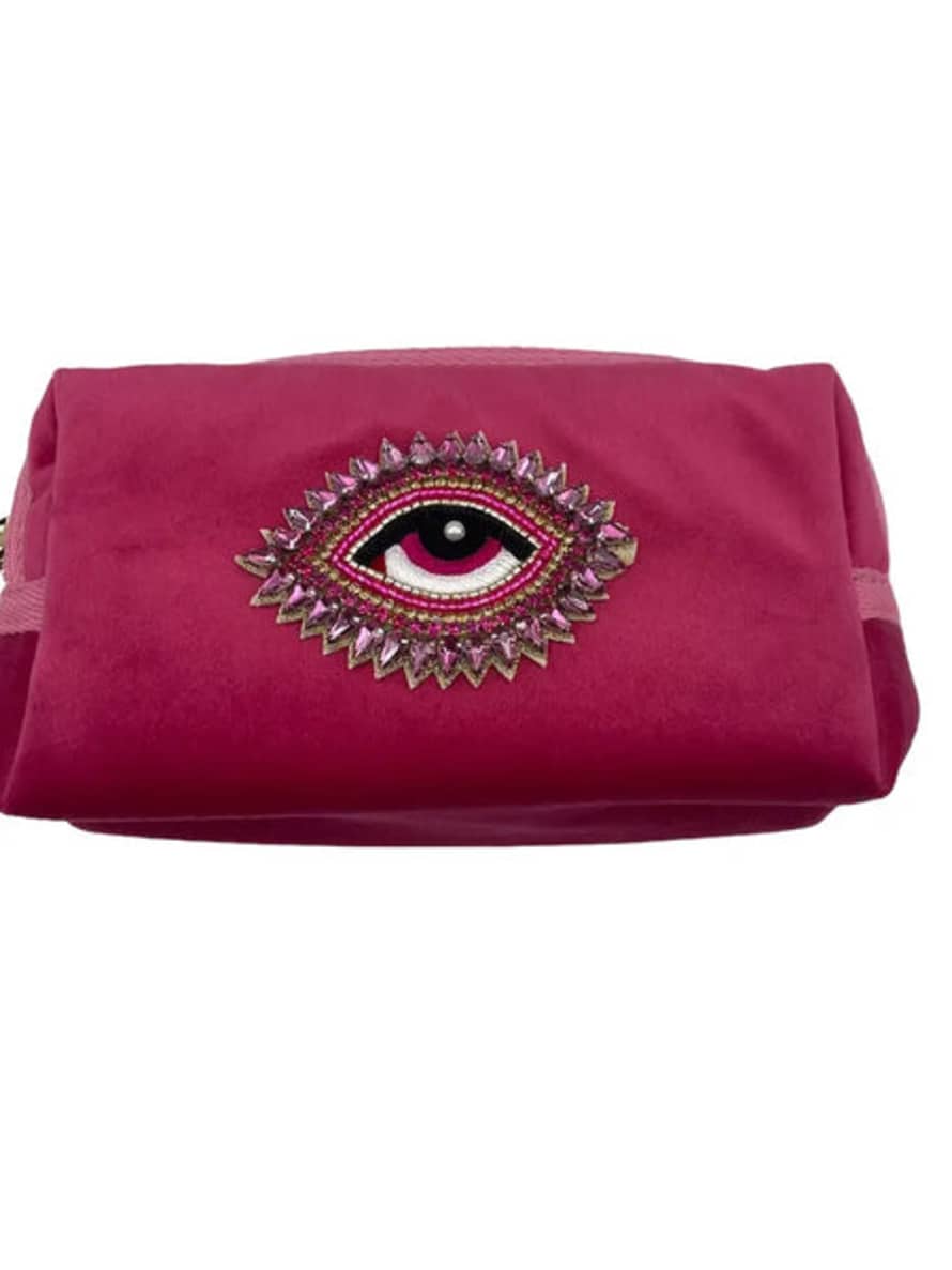 SIXTON LONDON Bright Pink Make-up Bag With Rose Eye Pin Brooch - Recycled Velvet