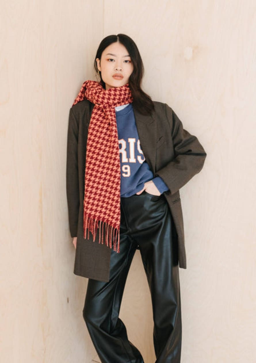 TBCo Lambswool Oversized Scarf In Berry Houndstooth